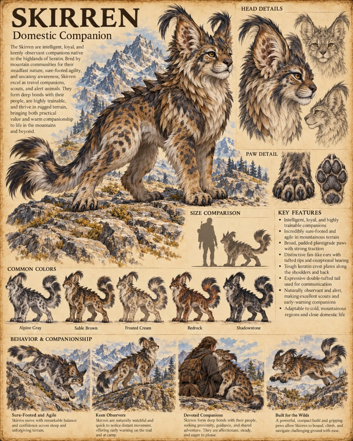 Domestic companion reference sheet showing a tufted-eared, spotted animal with head studies, paw details, coat variations, and companionship scenes.