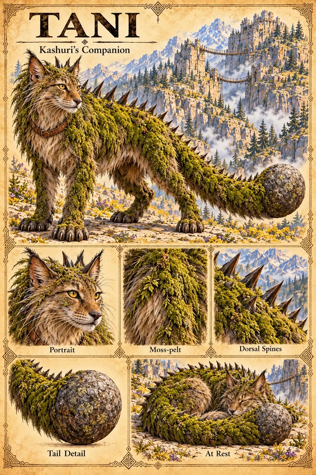 Companion reference sheet showing Tani, Kashuri’s moss-pelted lynx-like companion with dorsal spines and a stone-like tail club, before a cliffside fortress, with portrait, moss-pelt, dorsal spine, and tail studies and a resting pose.