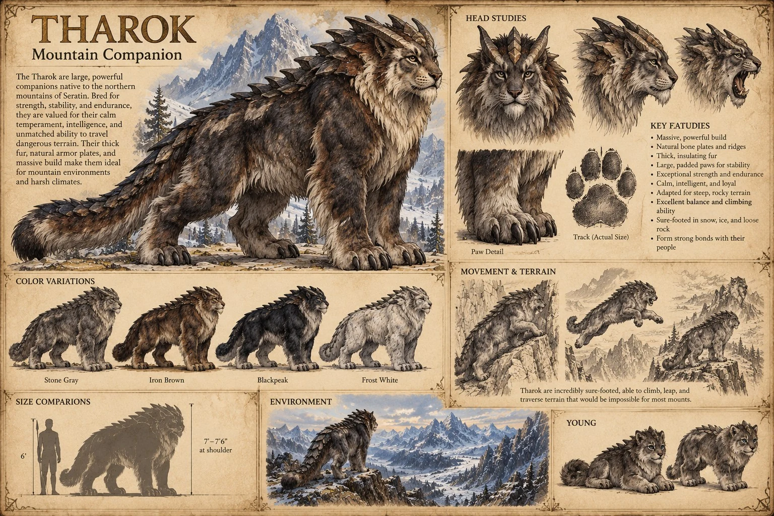 Mountain companion reference sheet showing a shaggy, powerful animal with head studies, broad paws, coat variations, and mountain travel scenes.