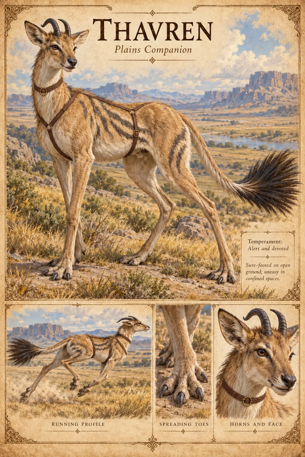 Thavren, a long-legged, striped, horned plains companion with a leather collar and harness, stands on open grassland below mesas, with running profile, spreading toe, and horn and face studies. Alert and devoted; sure-footed on open ground, uneasy in confined spaces.