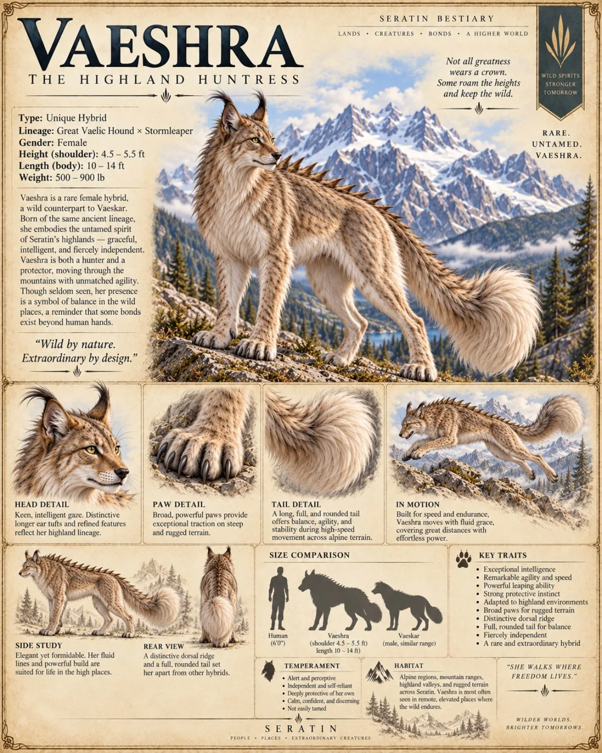 Bestiary sheet showing Vaeshra, a rare female Great Vaelic Hound and Stormleaper hybrid with tufted ears and a dorsal ridge, in a mountain landscape, with head, paw, tail, motion, side, rear, and size comparison studies.