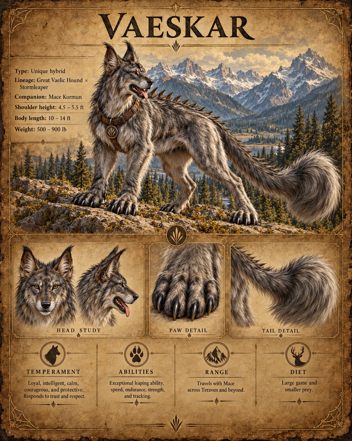 Antique bestiary sheet showing Vaeskar, a large gray canine with spines along his back, in a mountain landscape, with head, paw, and tail detail studies.