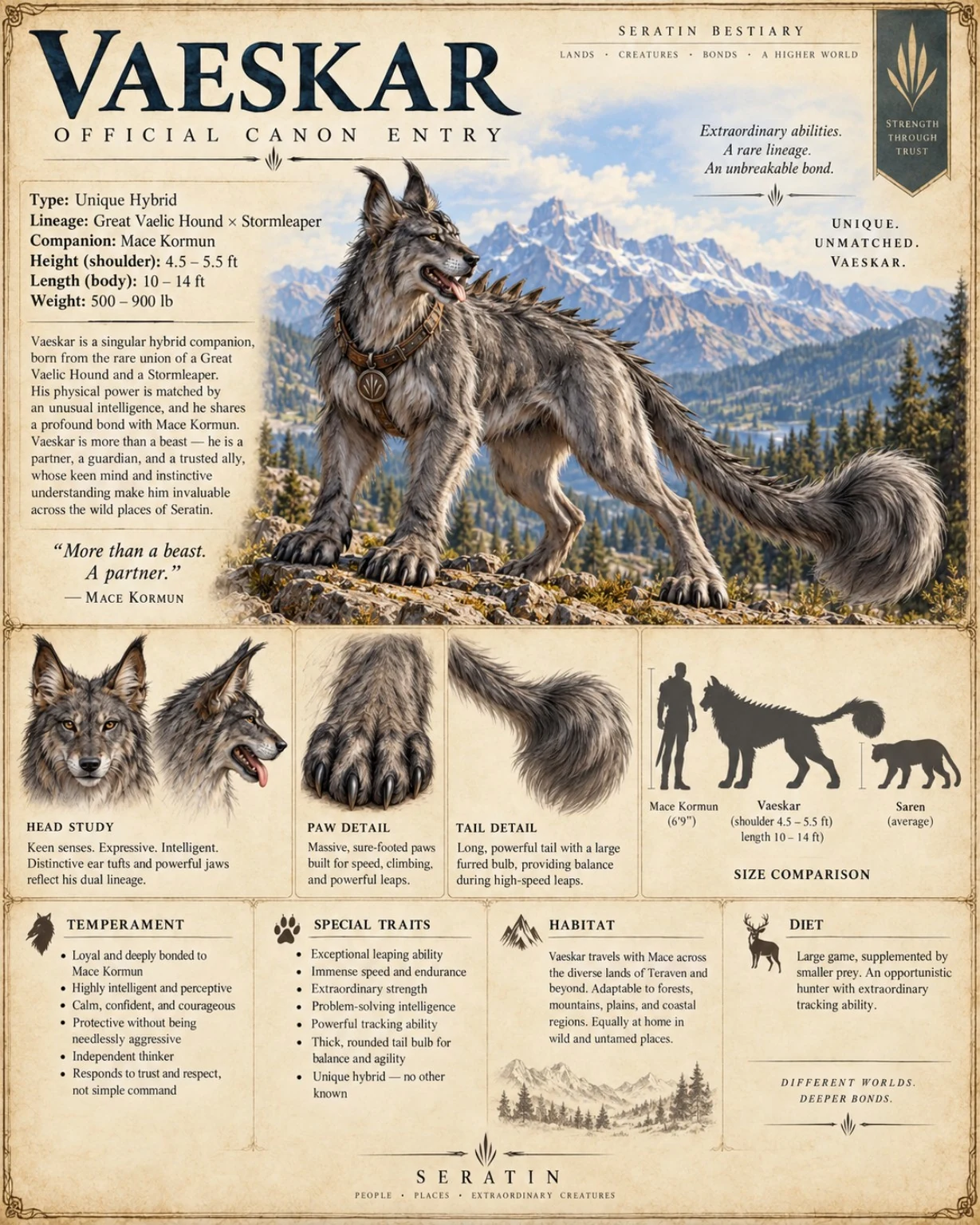 Companion reference plate showing the wolf-like Vaeskar in a mountain landscape, with head studies, paw and tail details, and a size comparison.