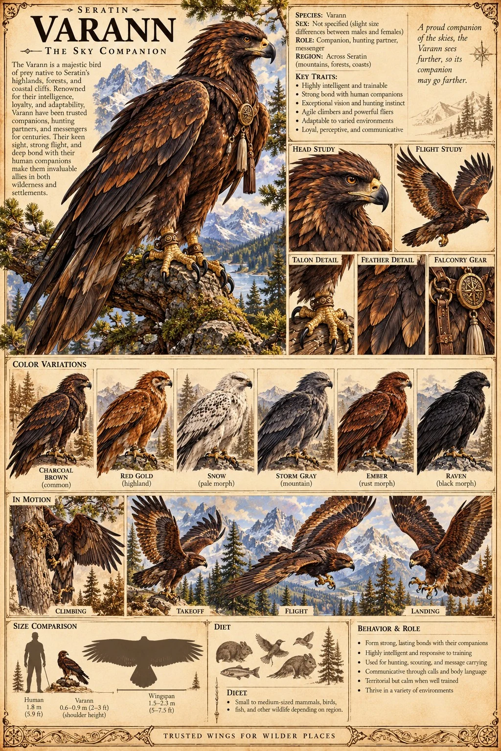 Winged companion reference sheet with a crested brown bird, flight studies, coat variations, equipment, and scale comparisons.