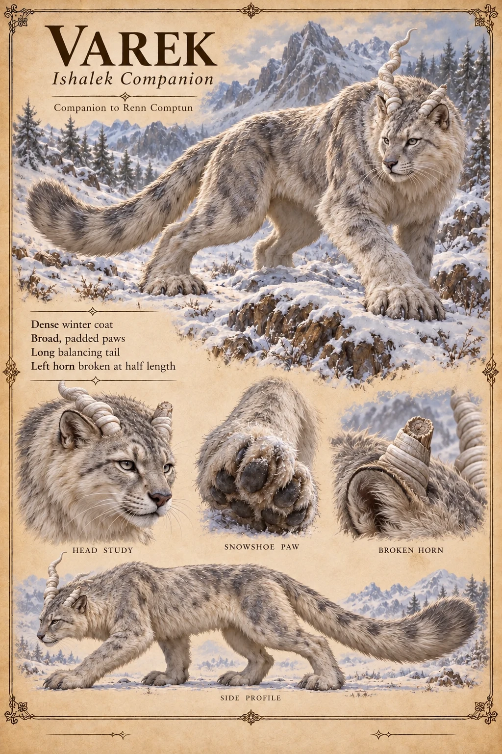 Reference sheet showing Varek, a gray horned feline companion with a broken left horn, in snowy mountains, with head, padded paw, broken horn, and side profile studies.