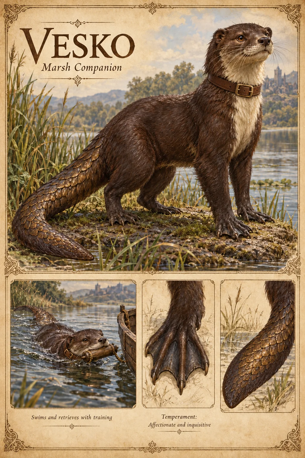 Vesko, a brown, otter-like marsh companion with a scaled tail and leather collar, stands on a reedy riverbank, with studies of it swimming and retrieving a rope, its webbed paw, and its scaled tail. Affectionate and inquisitive.