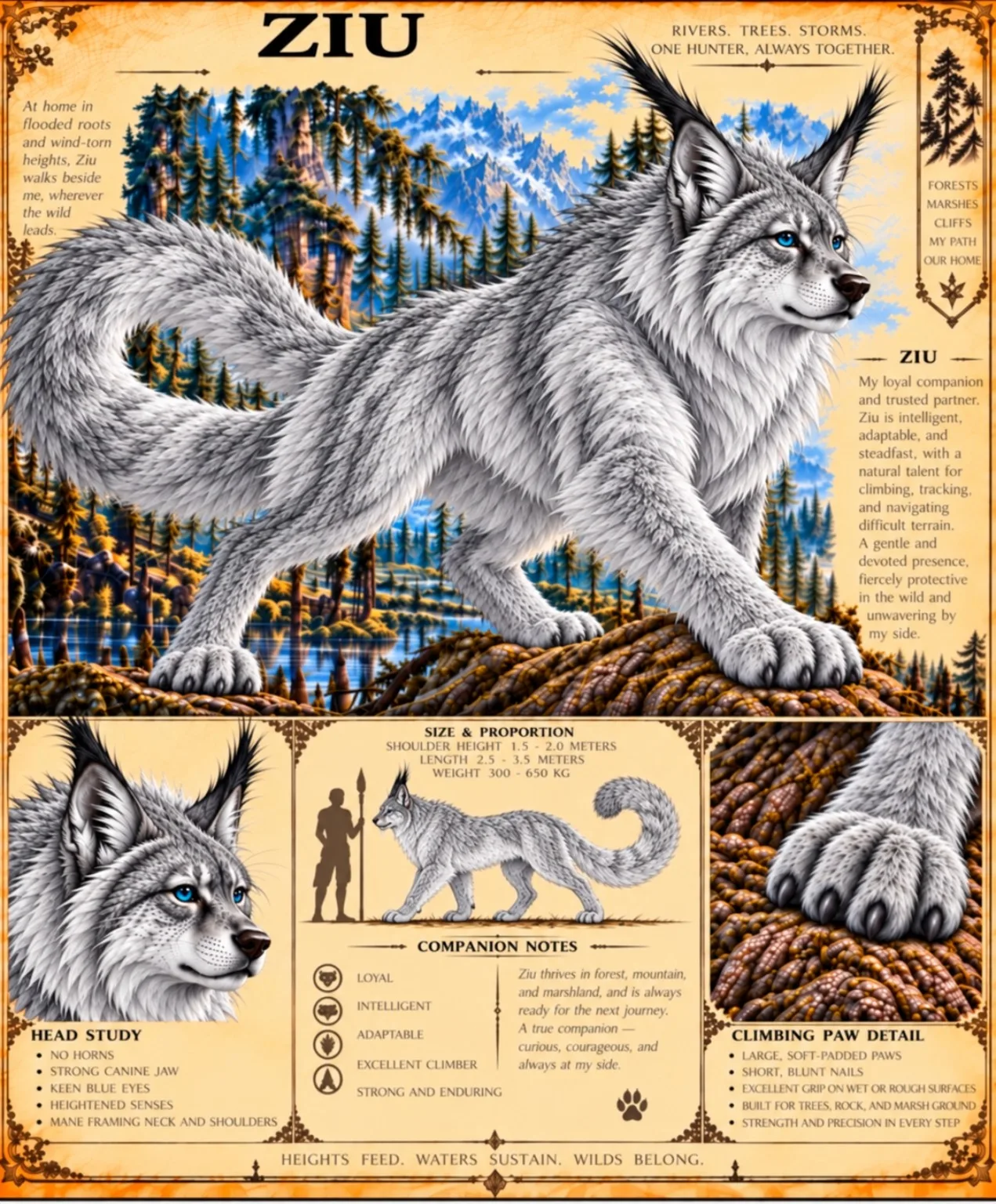 Companion sheet showing Ziu, a silver-gray, tufted-eared climber of forests and marshes, with a head study, size comparison, companion notes, and climbing paw detail.