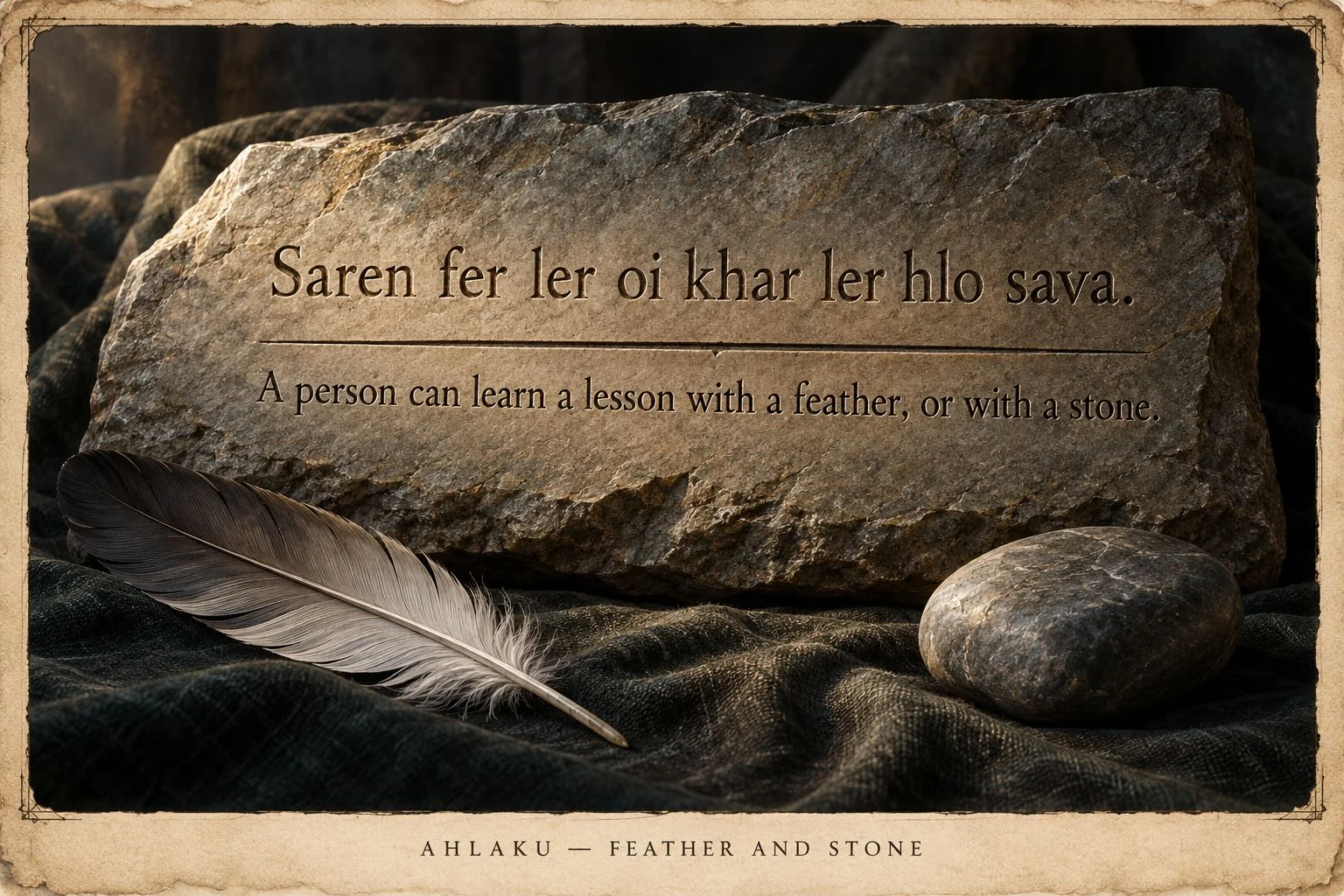 An inscribed stone tablet rests beside a pale feather and a smooth stone.