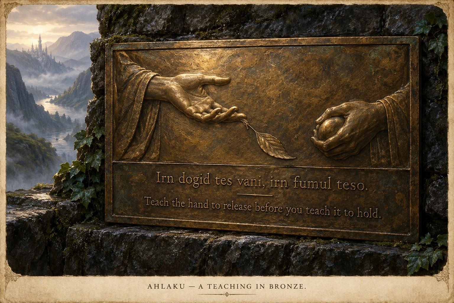 A weathered bronze teaching plaque depicts two hands and a feather against a mountain landscape.