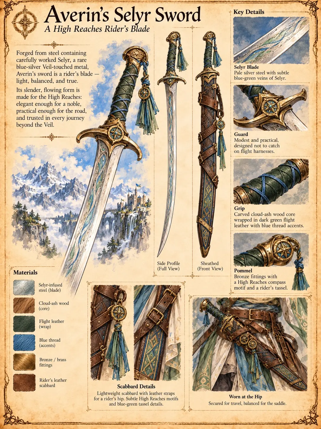 Equipment reference plate showing Averin’s Selyr Sword, a High Reaches rider’s blade forged from steel worked with Selyr, a rare blue-silver Veil-touched metal, with side profile and sheathed views, close-up studies of the blade, guard, cloud-ash and flight-leather grip, and compass-motif bronze pommel with rider’s tassel, a materials key, scabbard details, the sword worn at the hip, and a waterfall city in the snowy mountains.
