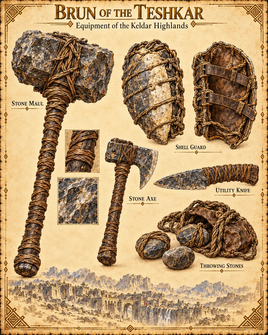Equipment plate of the Keldar Highlands showing Brun of the Teshkar’s rope-bound stone maul, shell guard, stone axe, utility knife and throwing stones, with close-up studies of the binding and stone, above a view of the Stone-Basin.