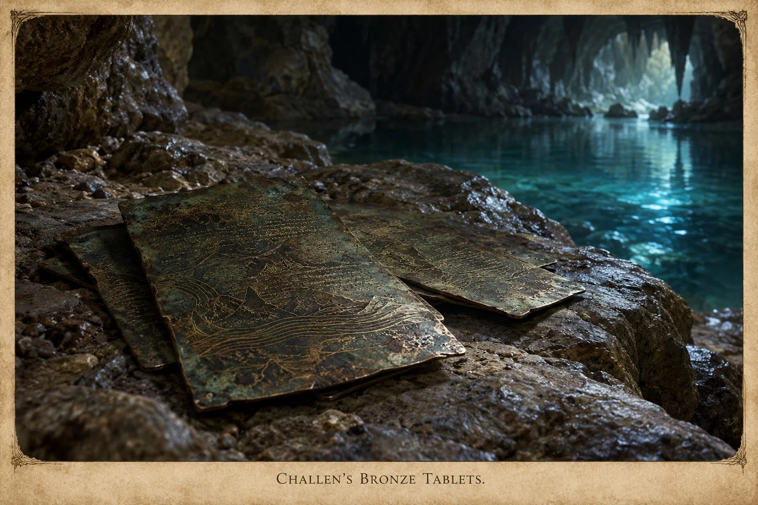 Inscribed bronze tablets lie on a rocky ledge beside a blue underground pool.
