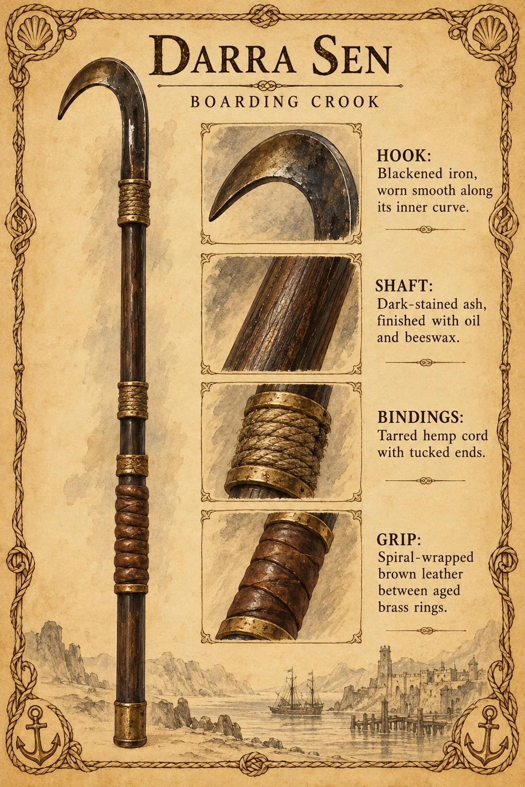 Equipment reference plate showing Darra Sen’s boarding crook, with close-up studies of the iron hook, wooden shaft, cord bindings, and leather grip.