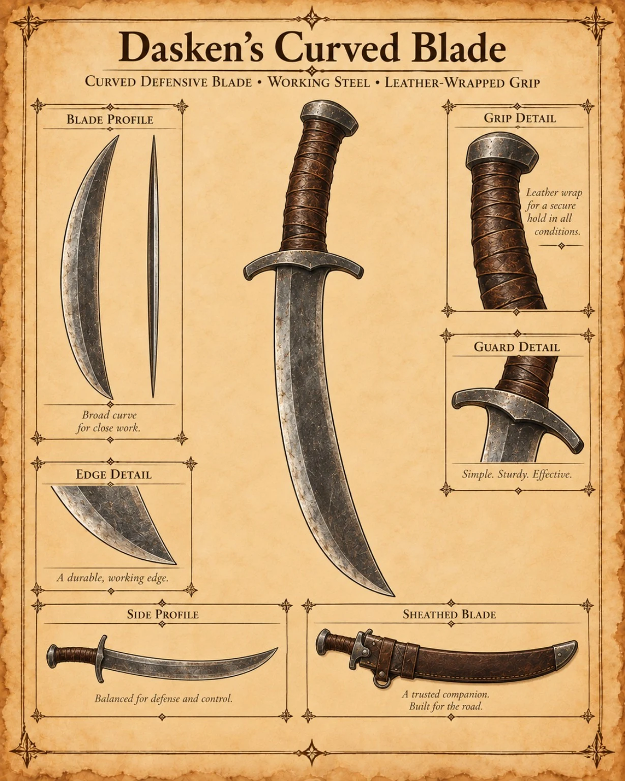 Equipment reference plate showing Dasken’s curved blade, with grip, guard, edge, side-profile, and sheath studies.