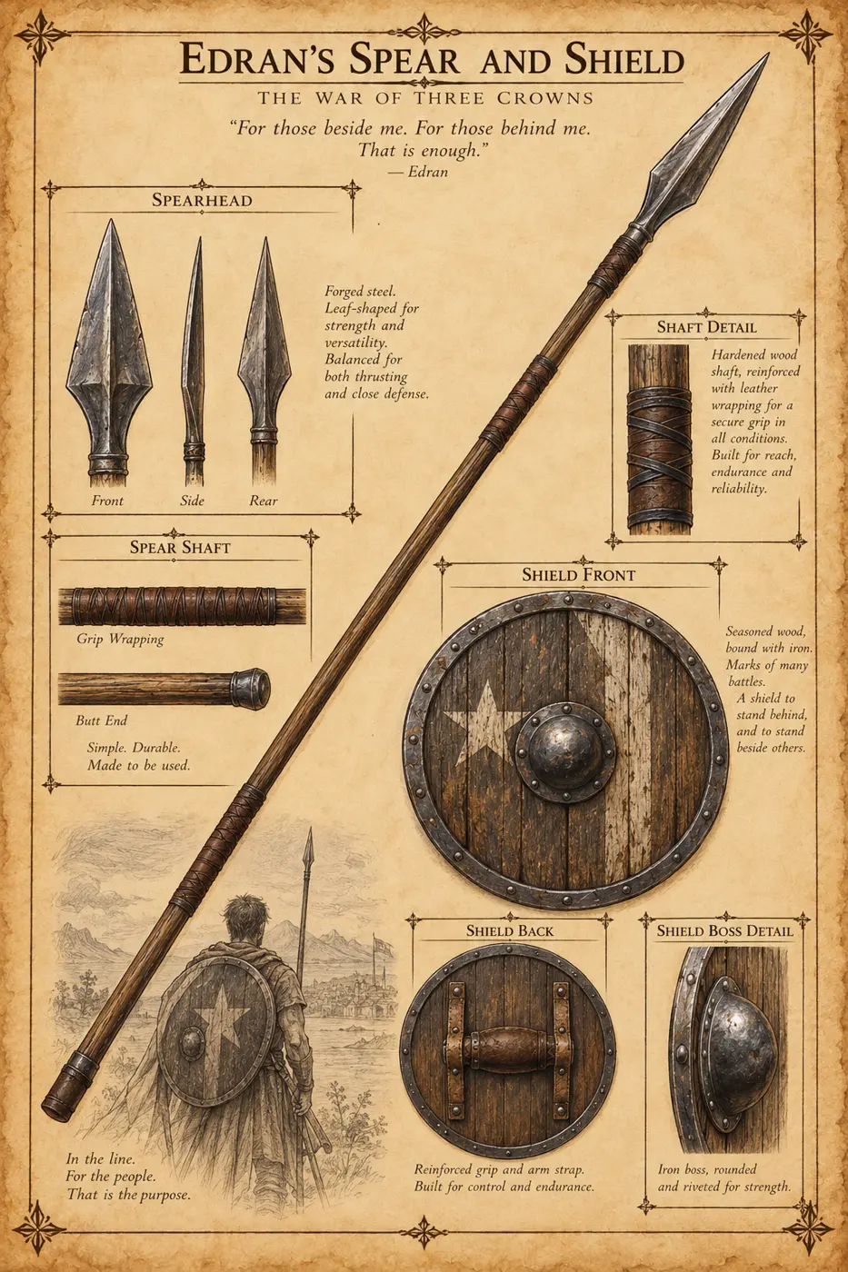 Reference plate of an Edran spear, shield, and their construction details.