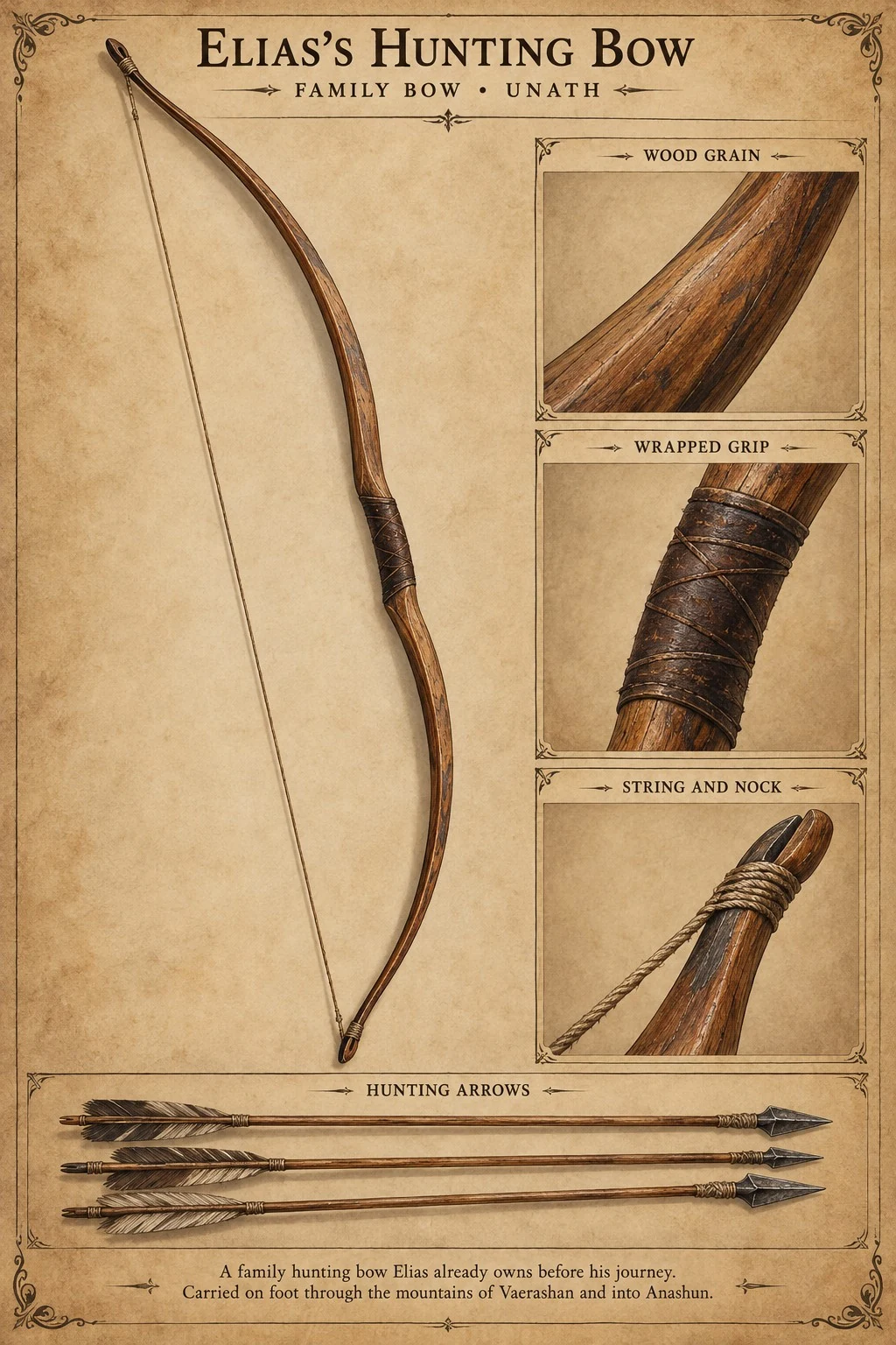 Equipment reference plate showing Elias’s family hunting bow and arrows, with wood grain, wrapped grip, string, and nock details.