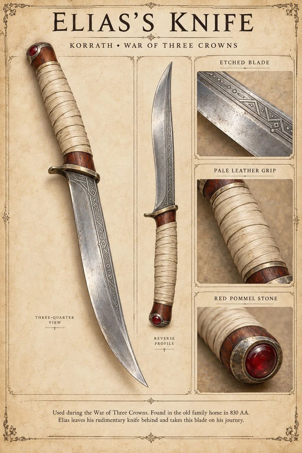 Equipment reference plate showing Elias’s knife from the War of Three Crowns, with an etched blade, pale leather grip, and red pommel stone.