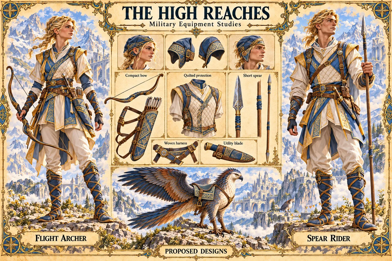Proposed military designs of the High Reaches in northern Anashun, showing a Flight Archer with a compact bow and a Spear Rider with a long spear, both in quilted blue and cream protection, with studies of padded caps, the compact bow and quiver, quilted vest, short spears, woven harness and utility blade, and a saddled hawk-like flyer mount.