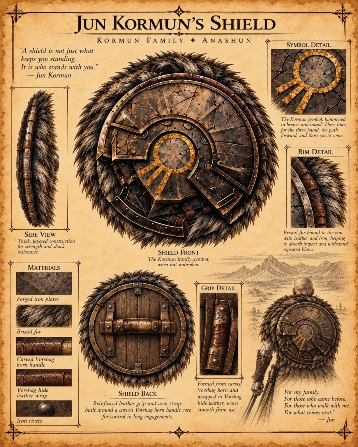 Equipment reference plate showing Jun Kormun’s round, fur-rimmed shield, with front and back views, its sun symbol, grip, and construction materials.