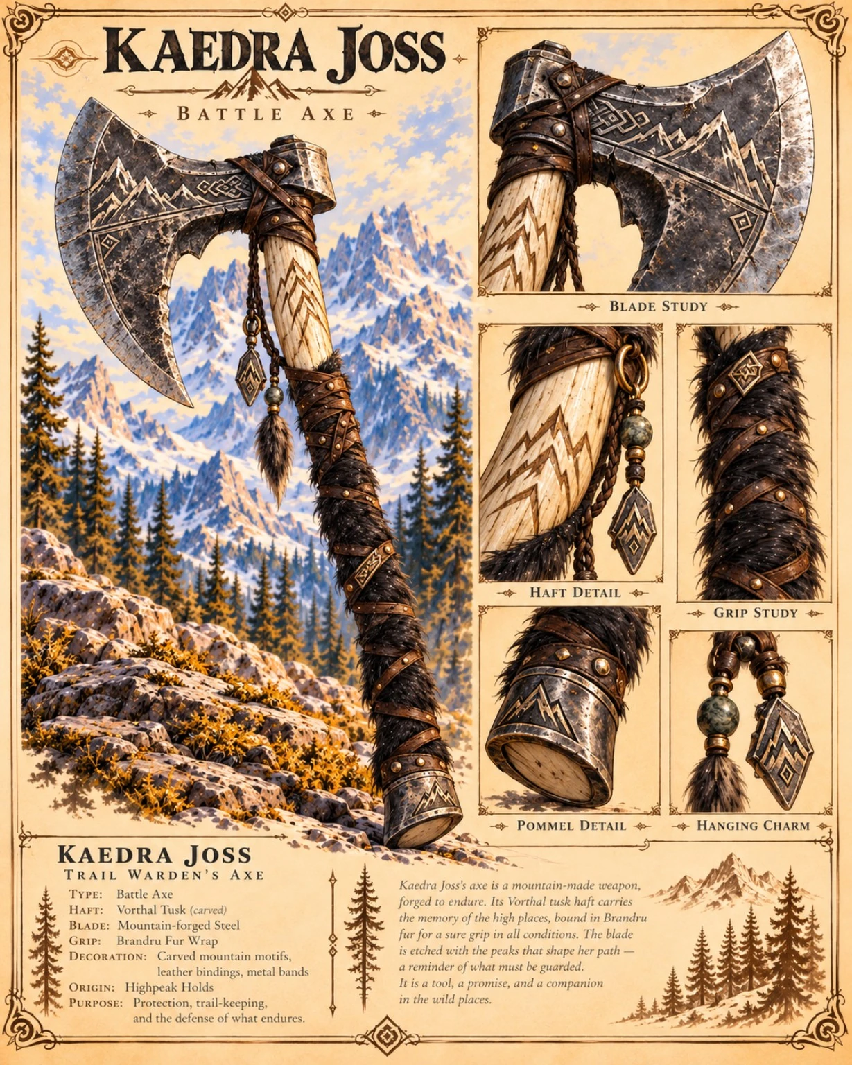 Kaedra Joss’s decorated battle axe, with blade, haft, grip, pommel, and hanging charm details.