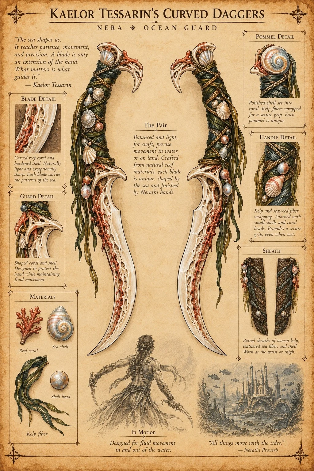 Equipment reference plate showing Kaelor Tessarin’s paired curved daggers, with coral and shell details, wrapped handles, guards, pommels, and a sheath.