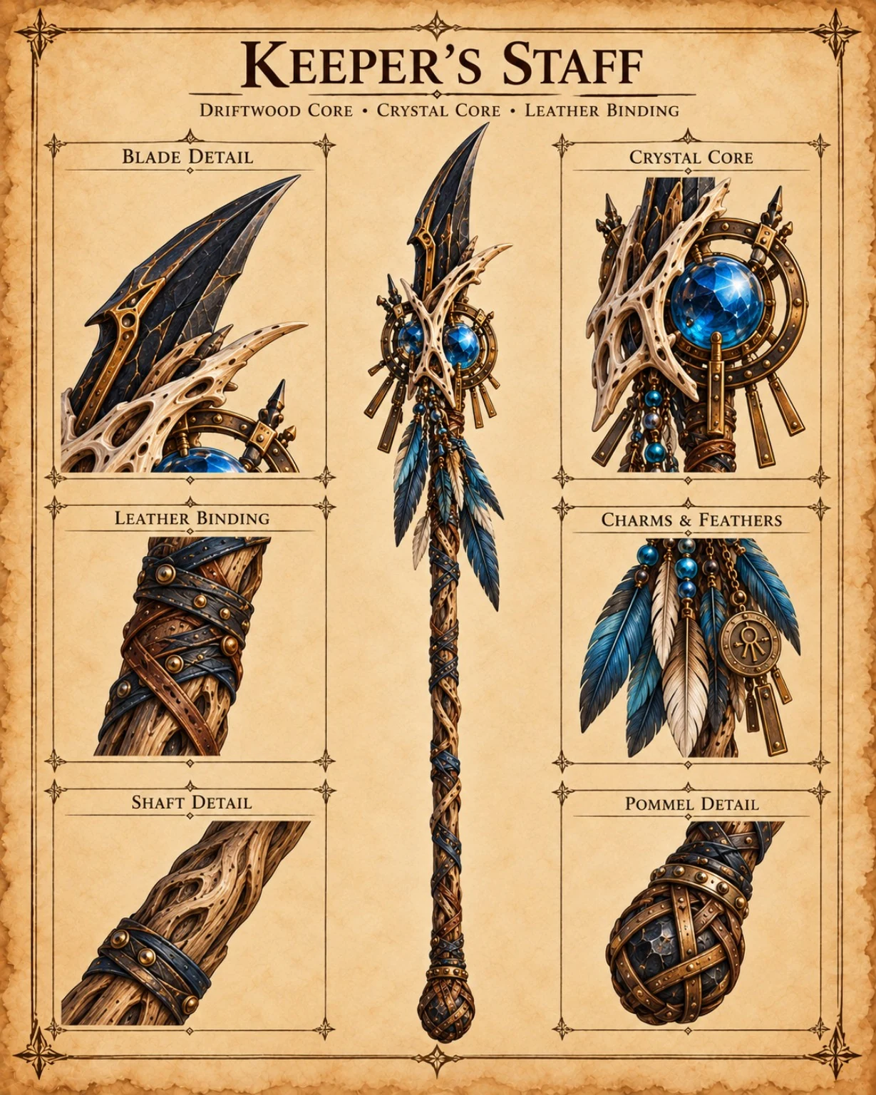 Equipment reference plate showing a Keeper’s Staff with a driftwood shaft, blue crystal core, dark blade, leather bindings, charms, and feathers.