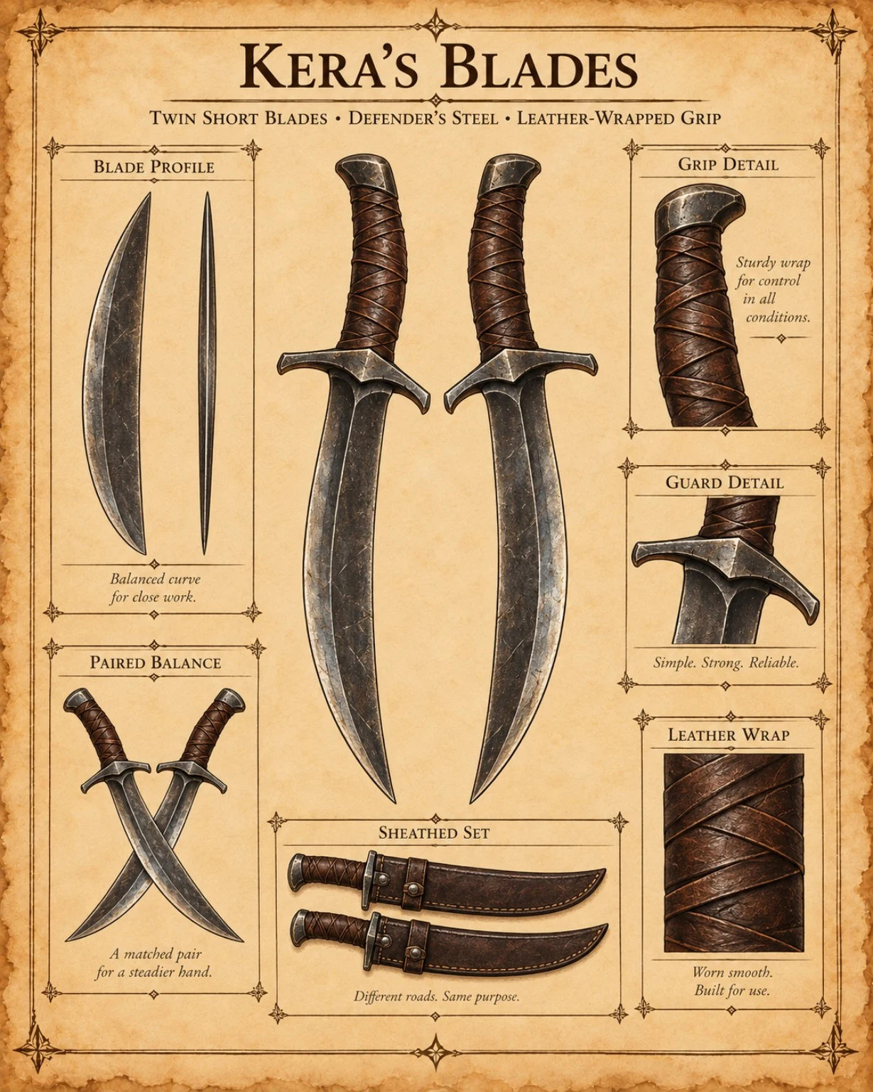Equipment reference plate showing Kera’s twin curved blades, with leather-wrapped grips, guards, paired balance, and matching sheaths.