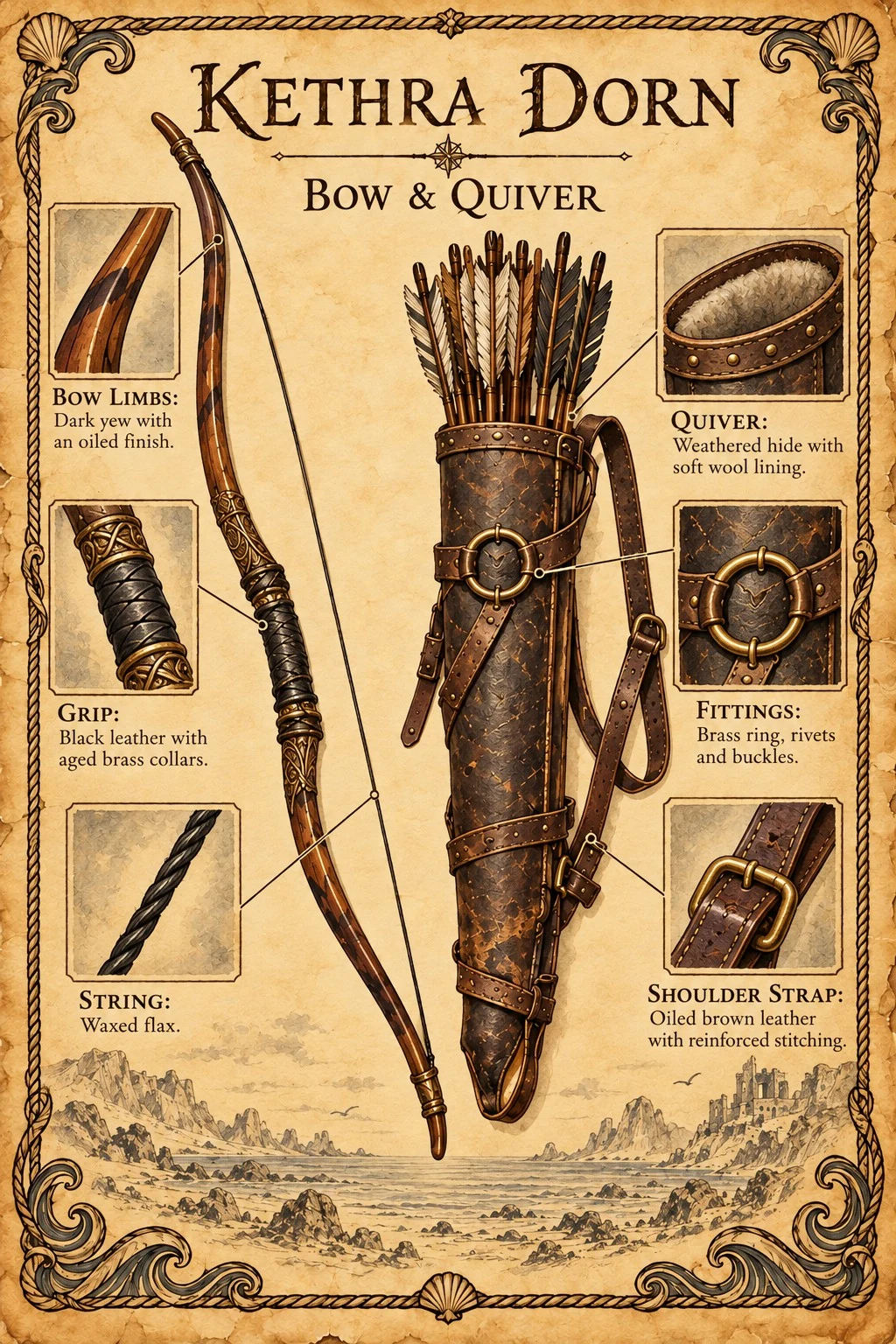 Equipment reference plate showing Kethra Dorn’s bow, arrows, and leather quiver, with bow limb, grip, string, and fitting details.
