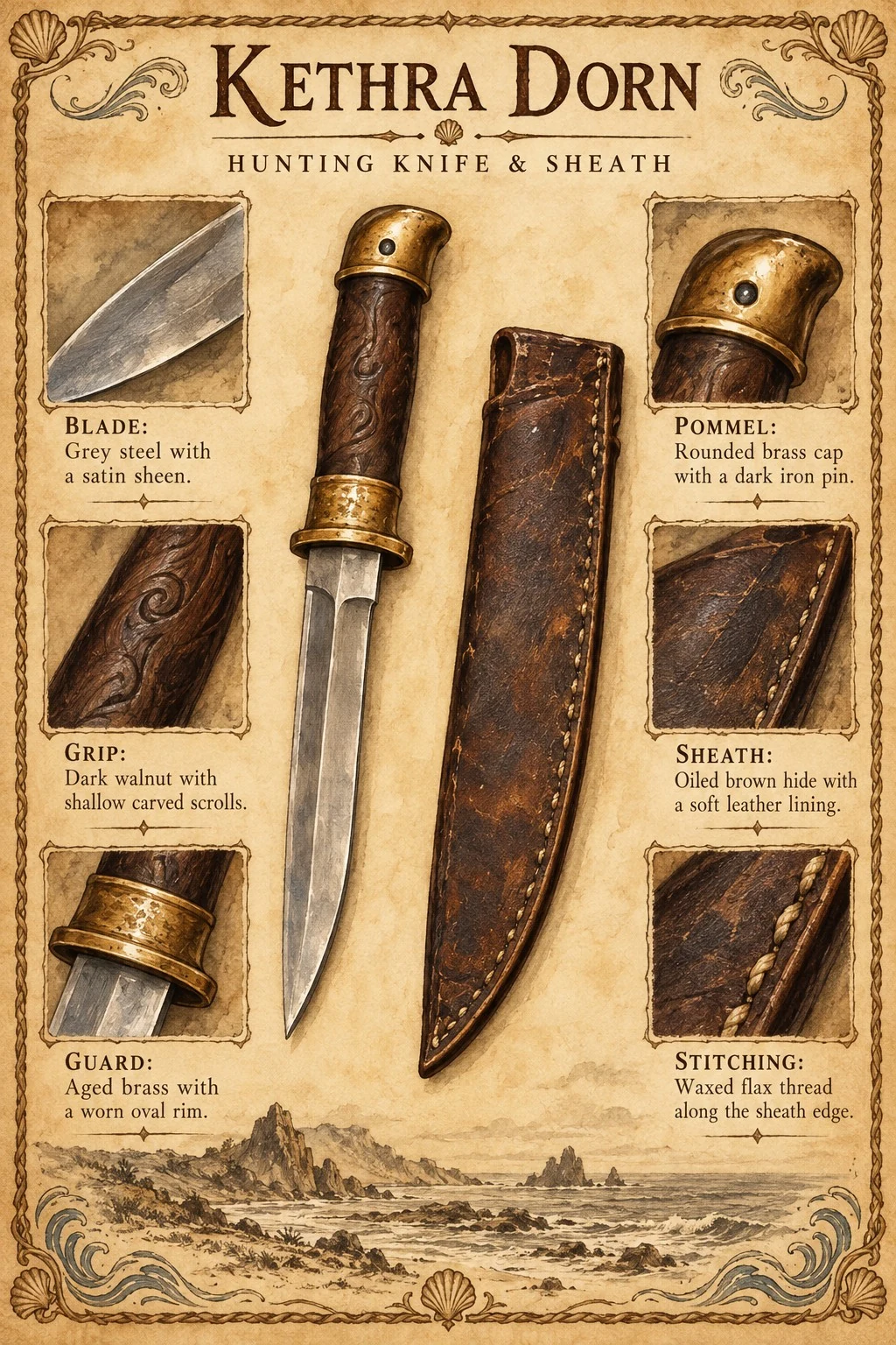 Equipment reference plate showing Kethra Dorn’s hunting knife and leather sheath, with blade, grip, guard, pommel, and stitching details.