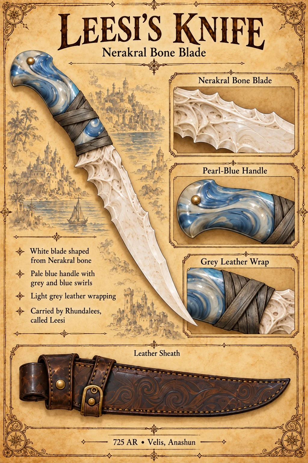 Equipment reference plate showing Leesi’s white bone knife, pearl-blue handle, grey leather wrapping, and decorated leather sheath.