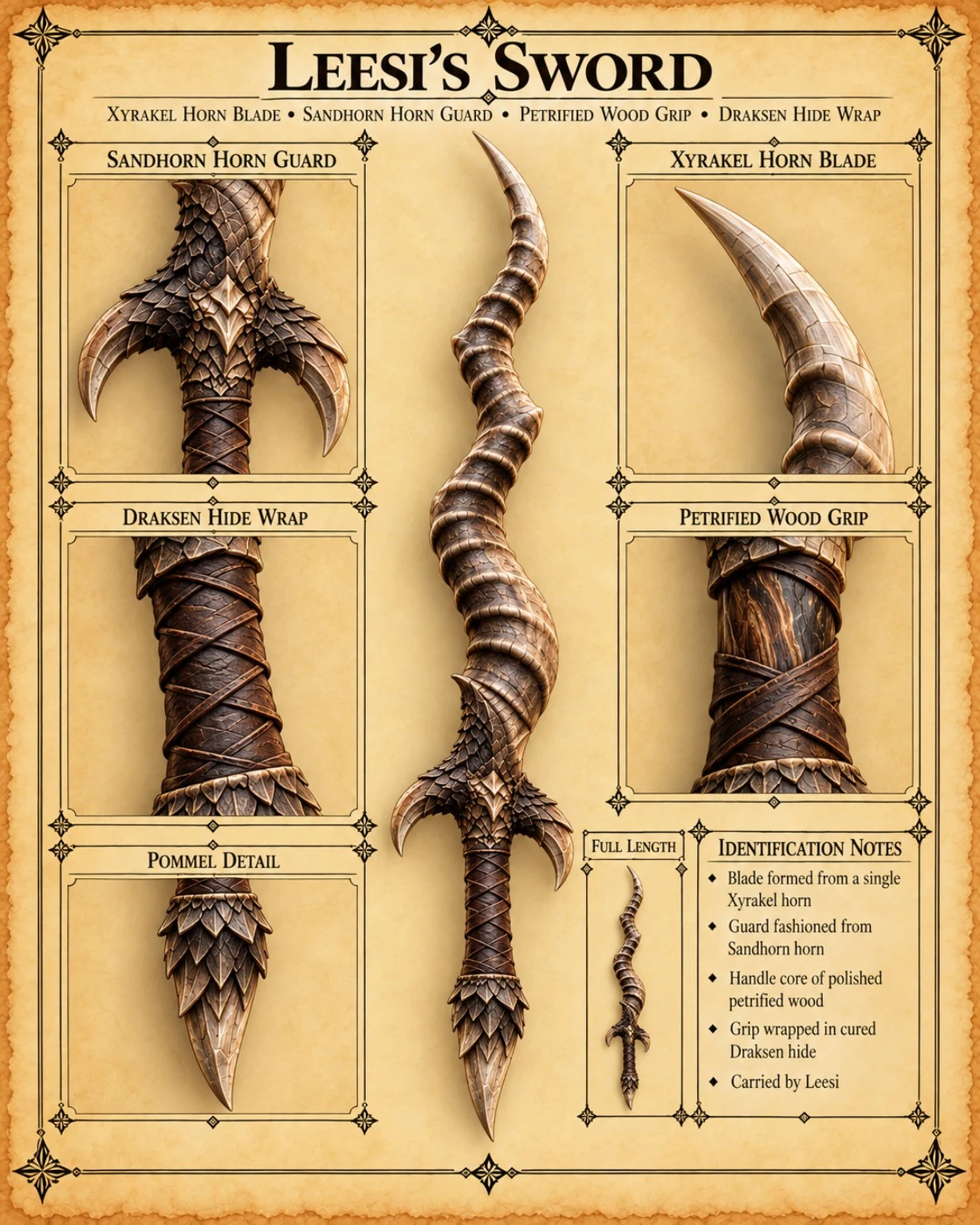 Equipment reference plate showing Leesi’s curved sword, with horn blade and guard, petrified wood grip, hide wrapping, and pommel details.