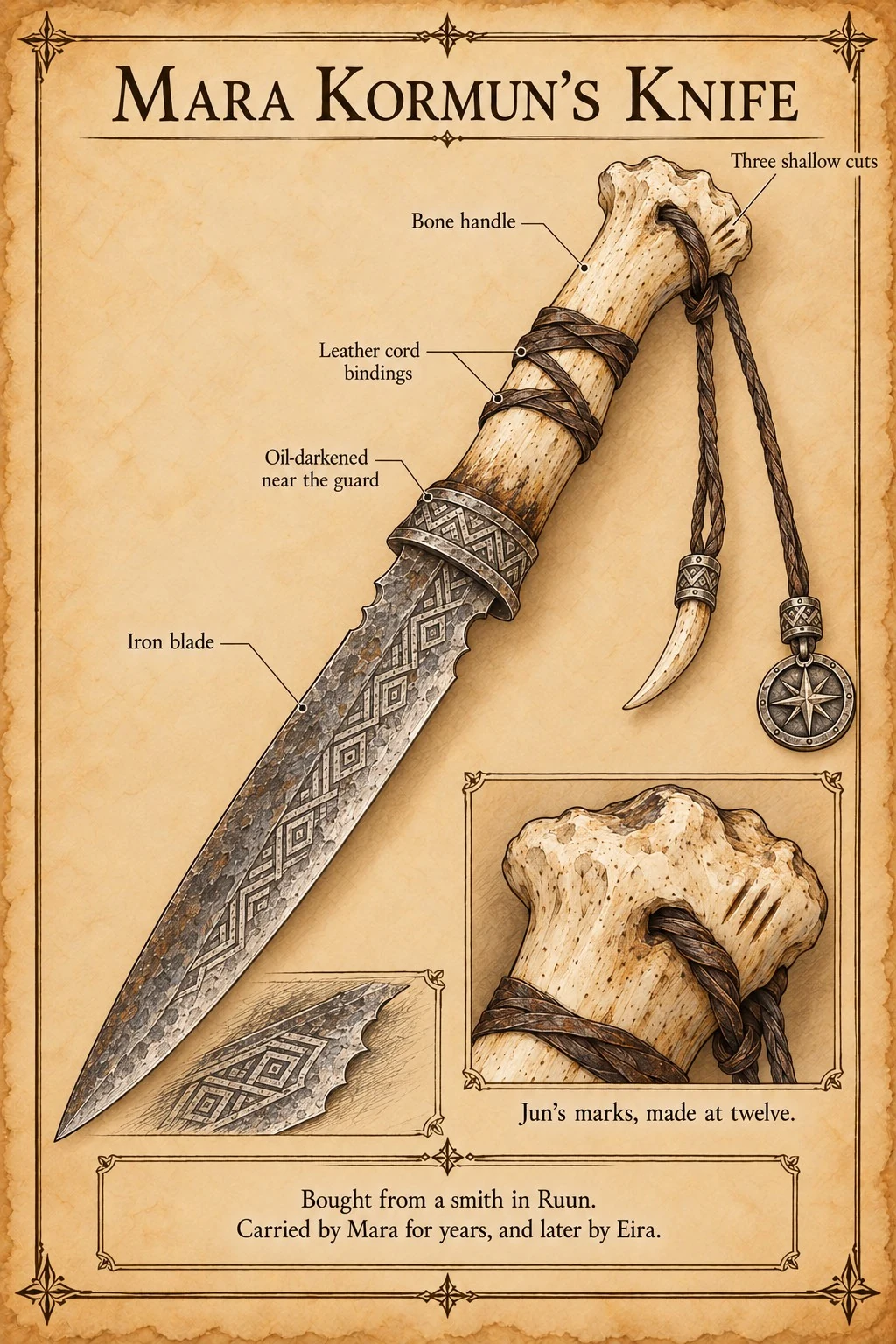 Equipment reference plate showing Mara Kormun’s patterned iron knife, bone handle, leather cord bindings, and three shallow marks near the guard.