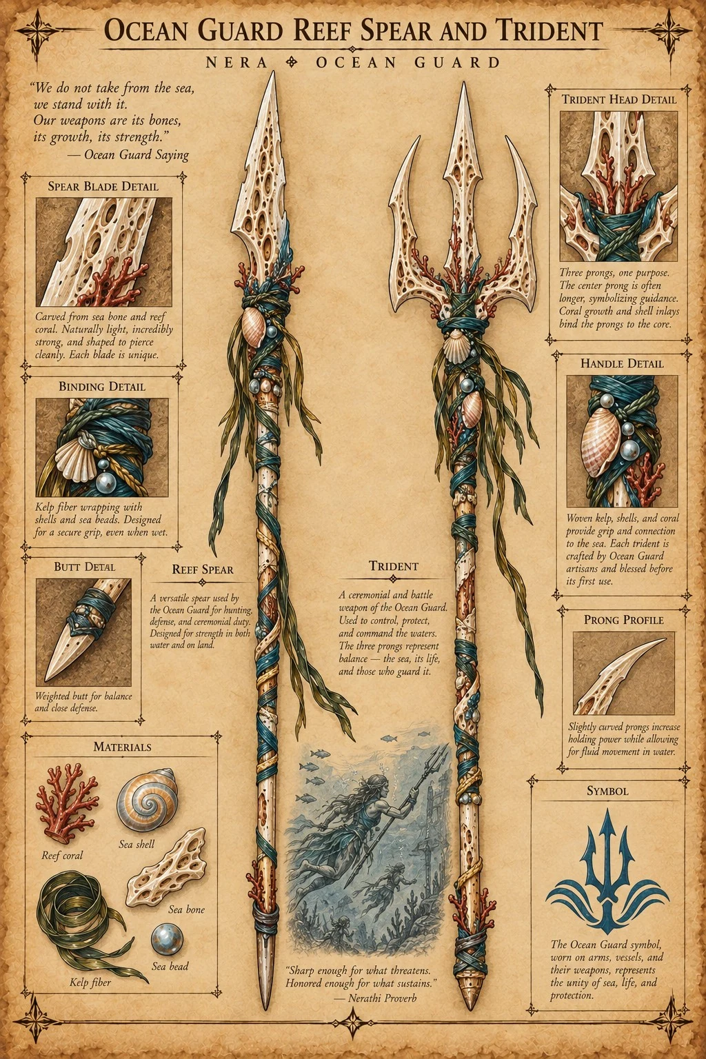 Equipment reference plate showing the Ocean Guard’s reef spear and trident, with coral and bone heads, shell ornaments, bindings, and material studies.