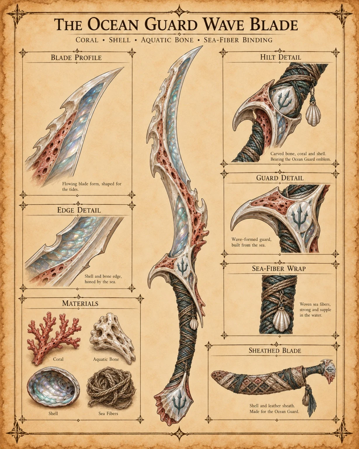 Equipment reference plate showing the Ocean Guard’s curved wave blade, with coral, shell, and aquatic bone material studies, hilt details, and a sheathed view.