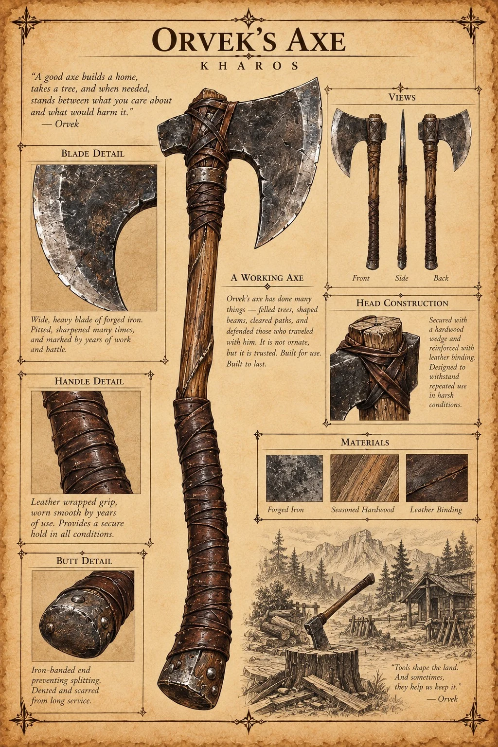 Equipment reference plate showing Orvek’s working axe, with blade, head construction, leather-wrapped handle, and front, side, and back views.