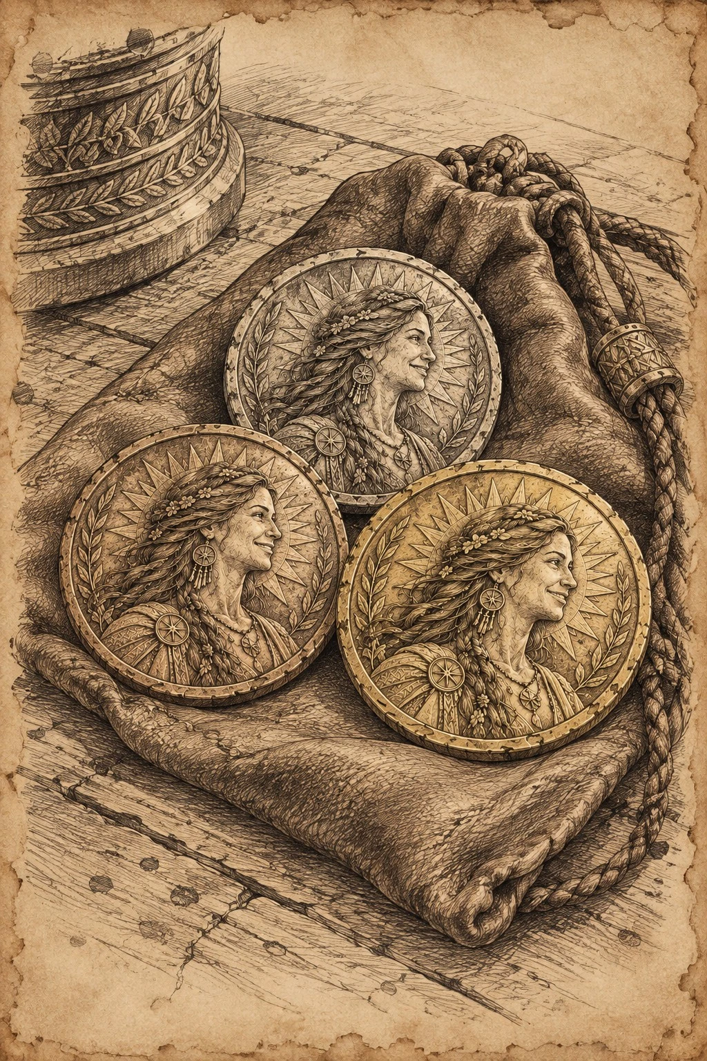 Three engraved coins with profile portraits resting on a drawstring pouch beside a decorated vessel.