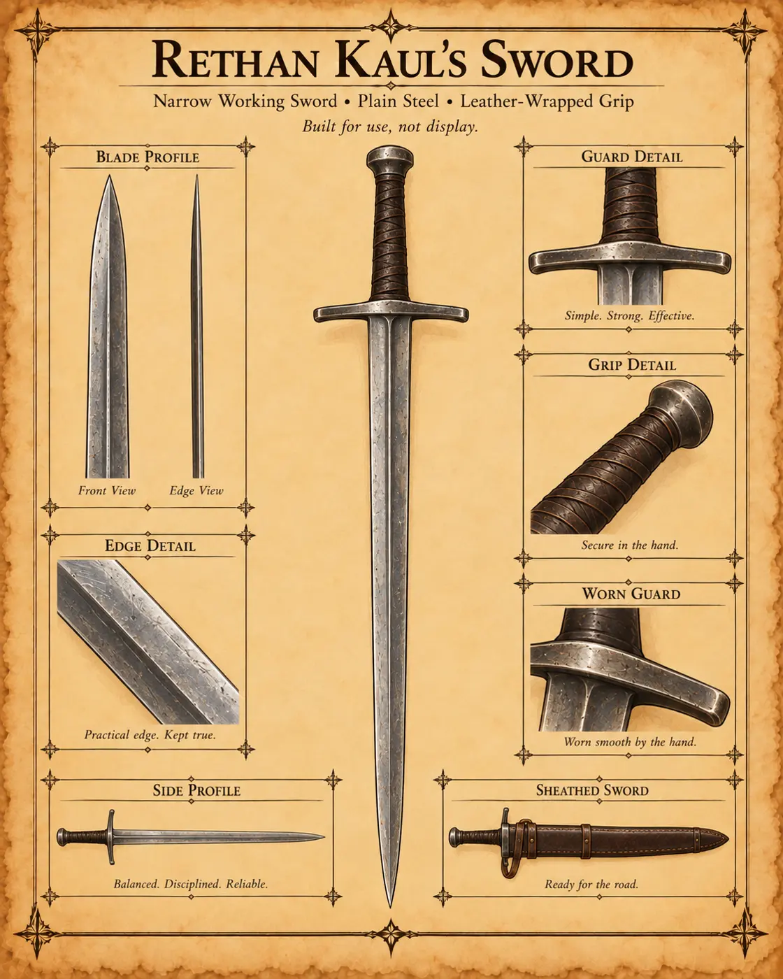 Reference plate of Rethan Kaul’s sword, scabbard, and fittings.
