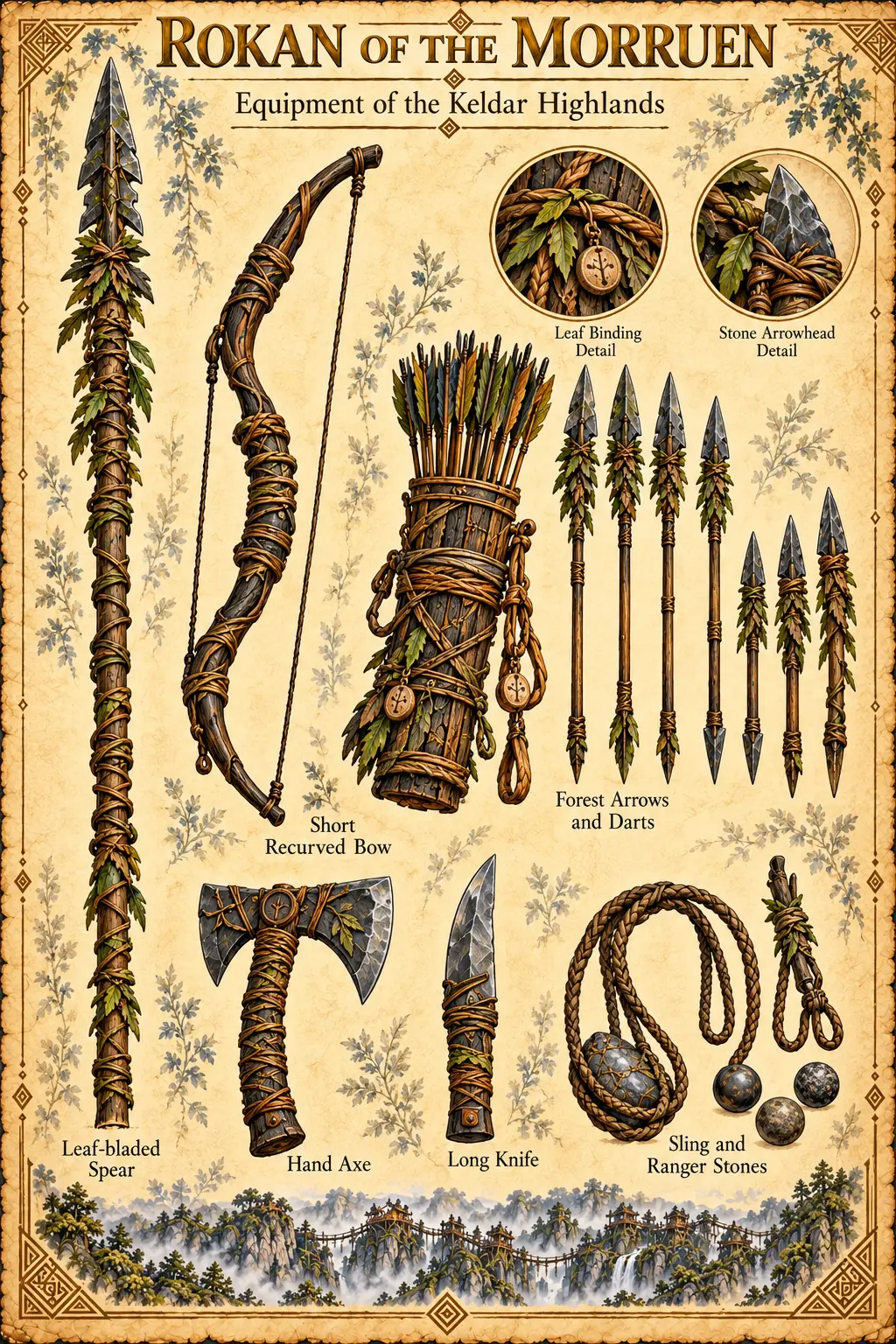 Equipment plate of the Keldar Highlands showing Rokan of the Morruen’s leaf-bladed spear, short recurved bow, bark quiver, forest arrows and darts, hand axe, long knife, and sling and ranger stones, with leaf binding and stone arrowhead details, above the misted cloudwood.