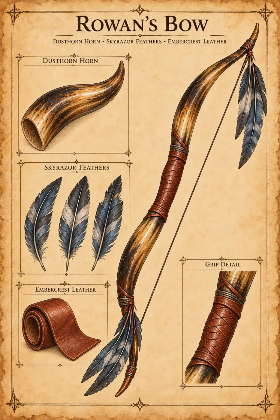 Reference plate of Rowan’s bow, arrows, quiver, and archery equipment.