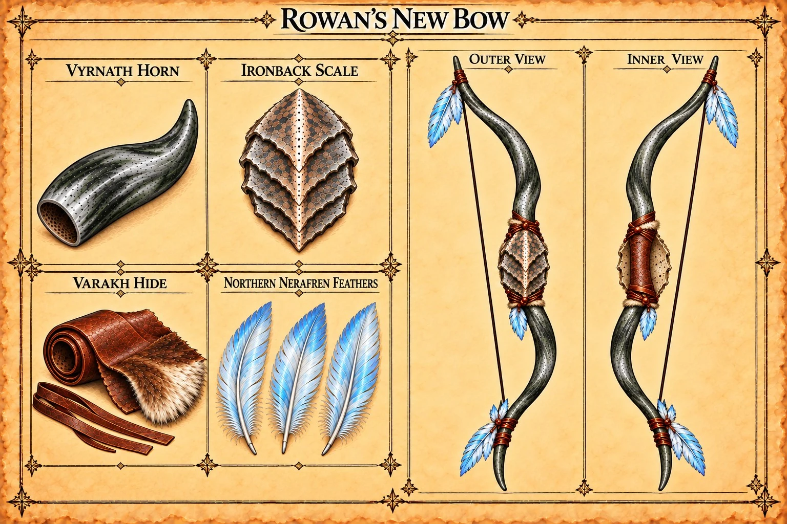 Equipment reference plate showing two views of Rowan’s new bow, with horn, scale, hide, and blue feather material studies.