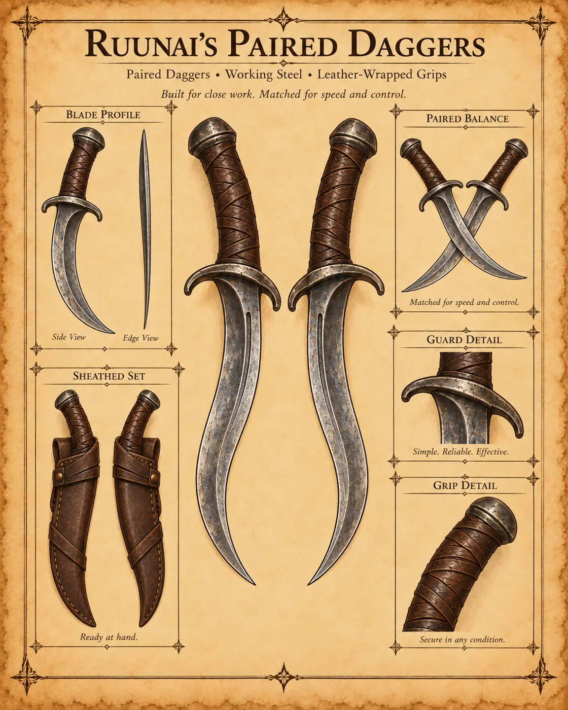Reference plate of paired curved daggers, sheaths, and engraved details.