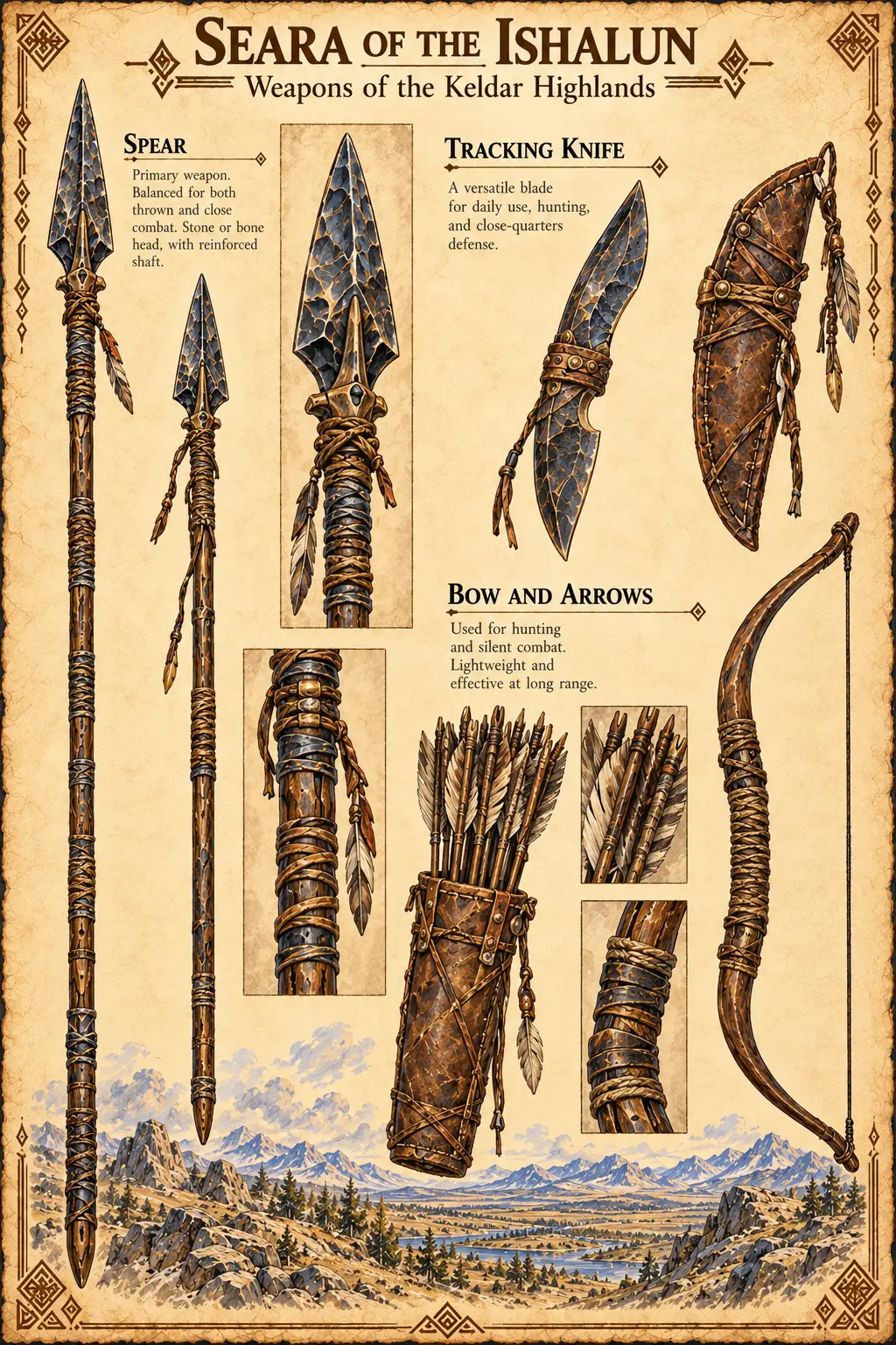 Weapon plate of the Keldar Highlands showing Seara of the Ishalun’s stone-headed spears, tracking knife and sheath, and bow, quiver and arrows, with close-up studies of the spearhead, bindings and fletching, above the open highland routes.