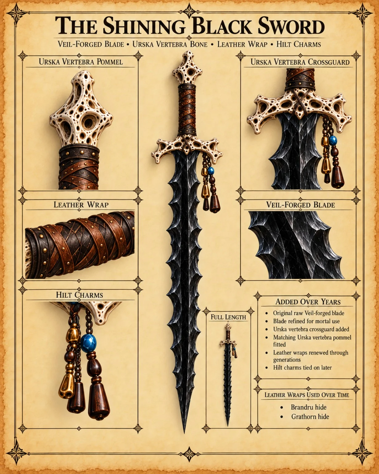 Equipment reference plate showing the Shining Black Sword, with a dark sculpted blade, bone crossguard and pommel, leather wrapping, and hanging hilt charms.