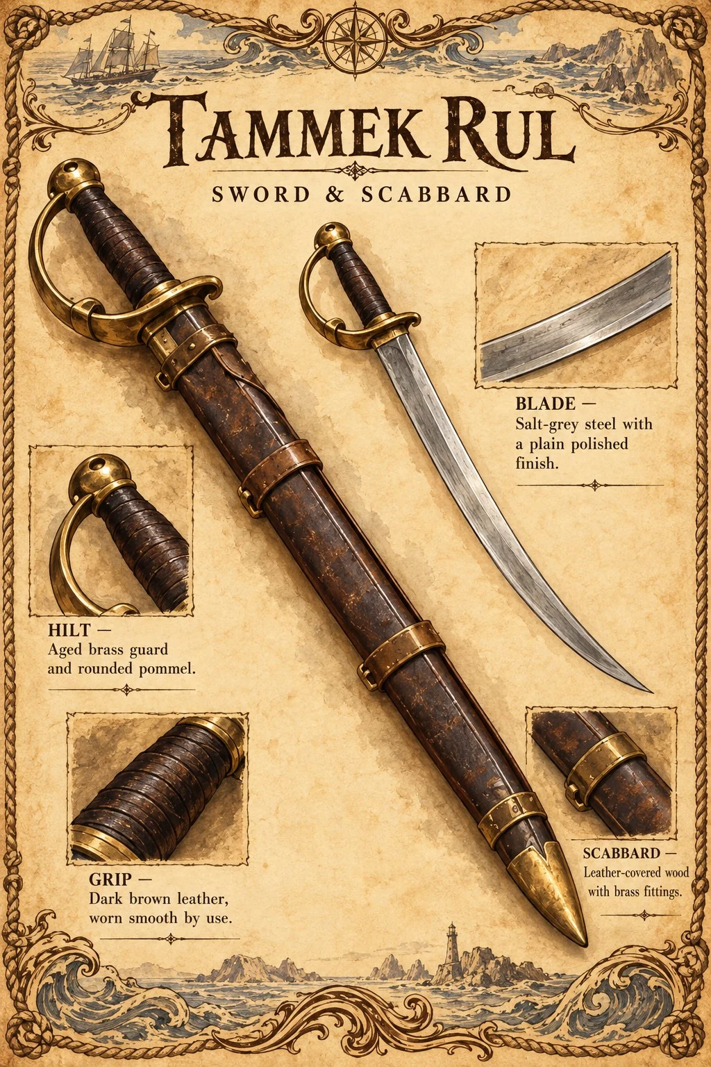 Equipment reference plate showing Tammek Rul’s curved sword and leather-covered scabbard, with blade, brass hilt, and leather grip details.