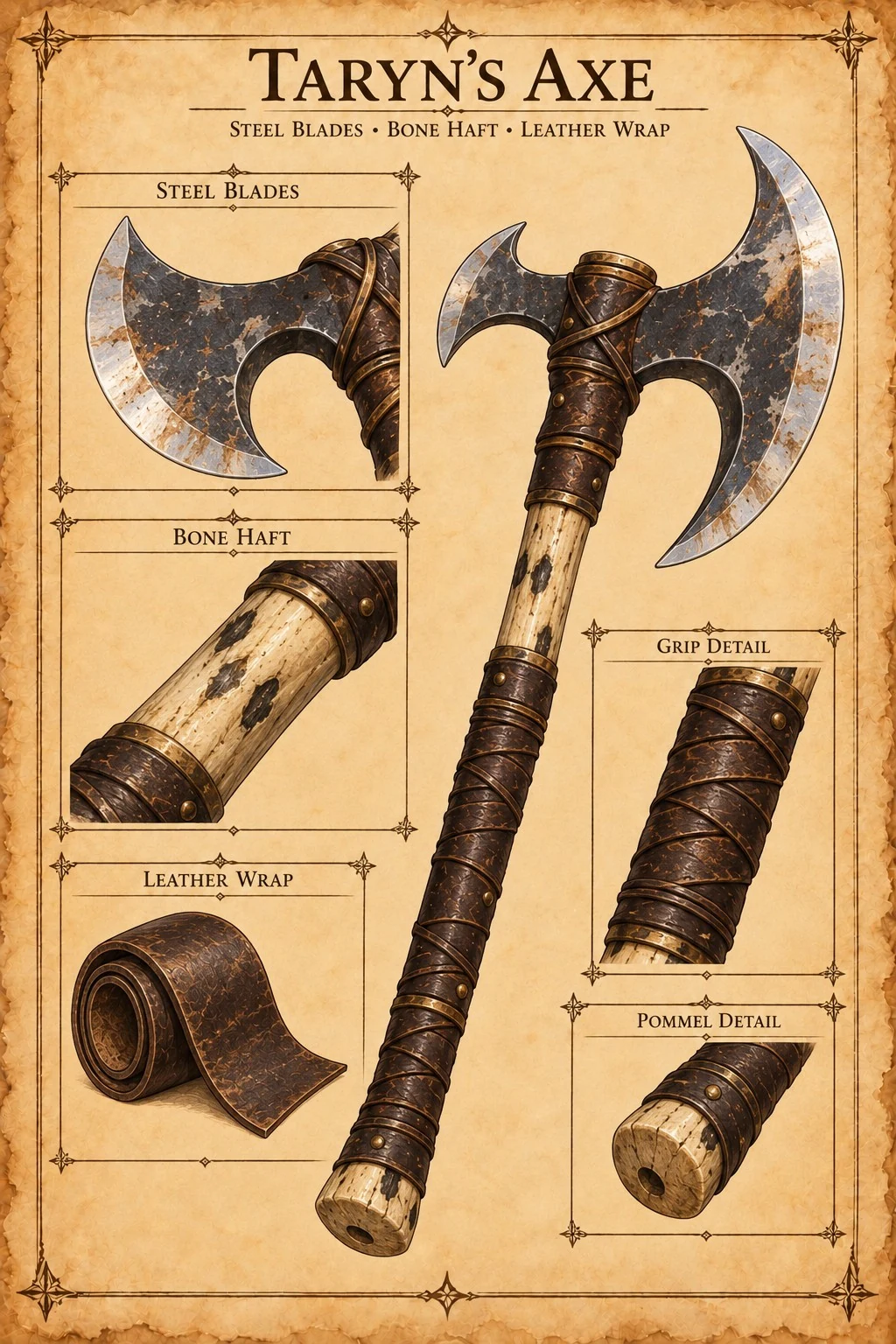 Equipment reference plate showing Taryn’s double-bladed axe, with steel blade studies, a bone haft, leather wrapping, and grip and pommel details.