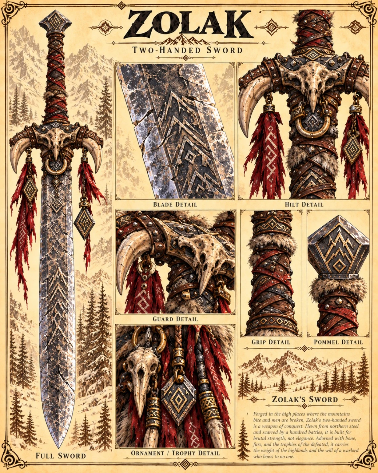 Zolak’s ornate two-handed sword, with blade, guard, grip, pommel, and trophy details.