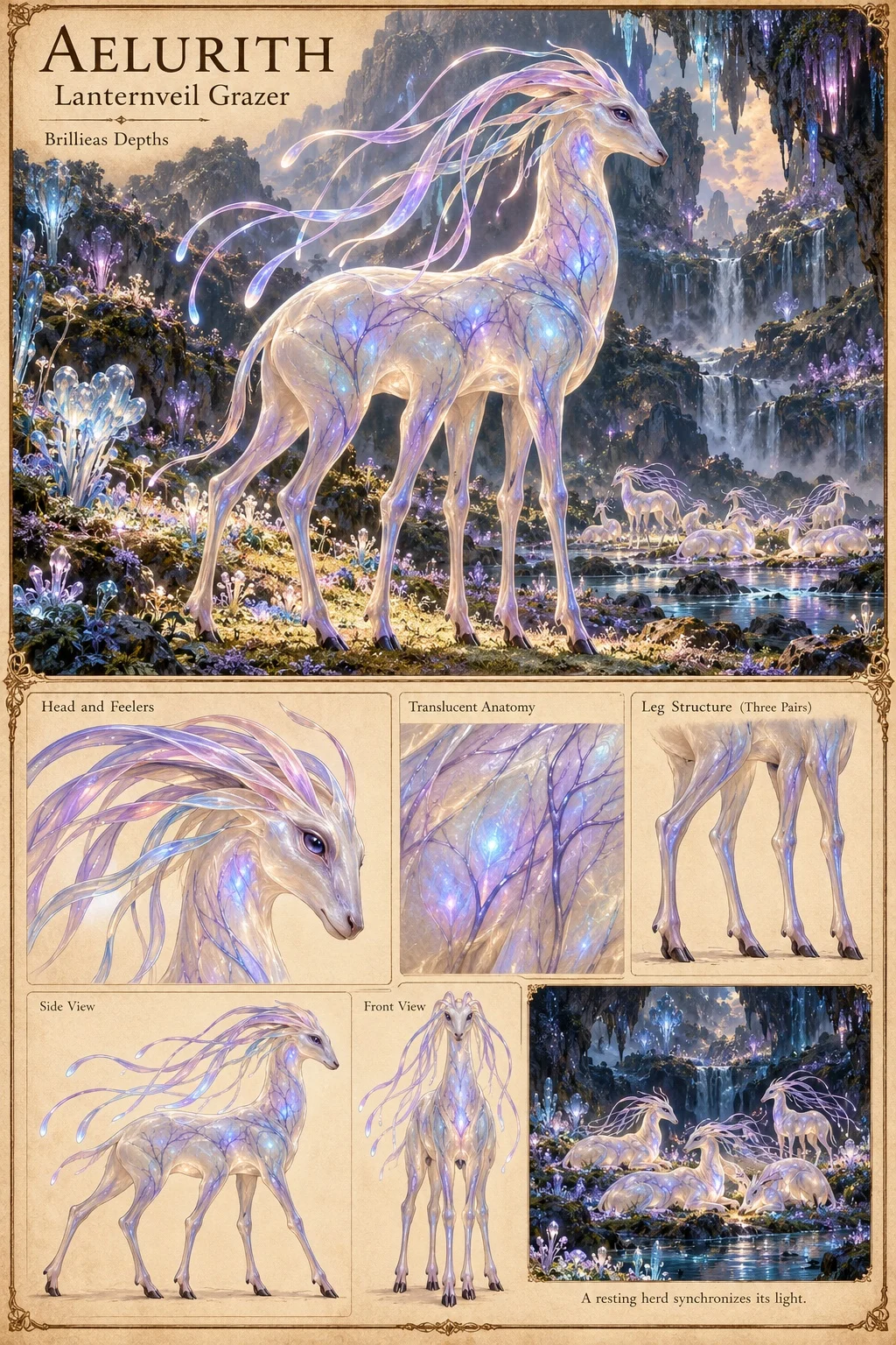 Aelurith, a pale, translucent, six-legged grazer of the Brillieas Depths with glowing violet veins and long, ribbon-like feelers streaming from its head, stands among crystal plants beside a waterfall-fed pool, with a herd resting behind it. Studies show its head and feelers, its translucent anatomy, its three pairs of legs, side and front views, and a resting herd that synchronizes its light.