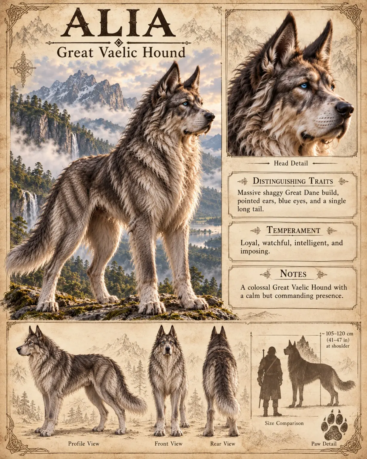 Fauna reference plate showing Alia, a Great Vaelic Hound, with head, profile, front, and rear views, paw details, and size comparisons.