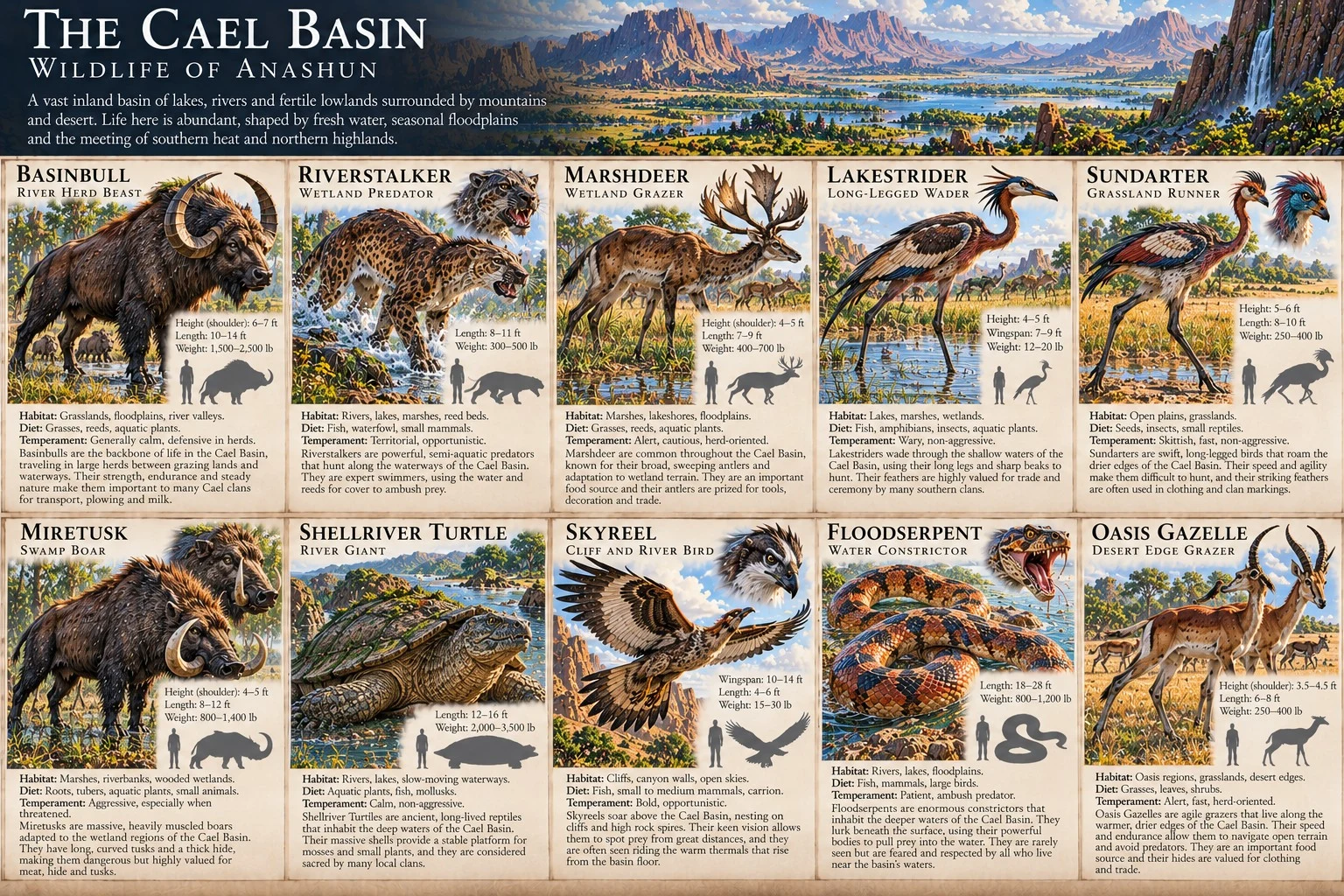 Wildlife reference sheet for the Cael Basin of Anashun, showing creatures of lakes, rivers, and fertile lowlands, with anatomical details, size comparisons, and habitat notes.