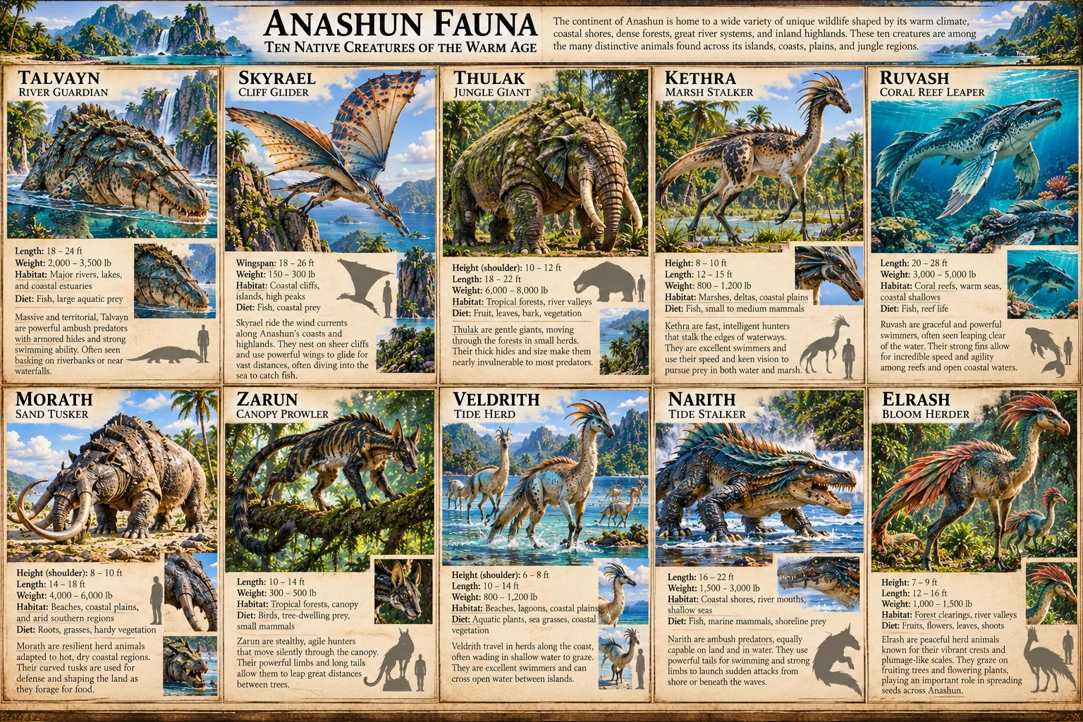 Reference sheet showing ten creatures of Anashun in varied habitats, with anatomical details and size comparisons.
